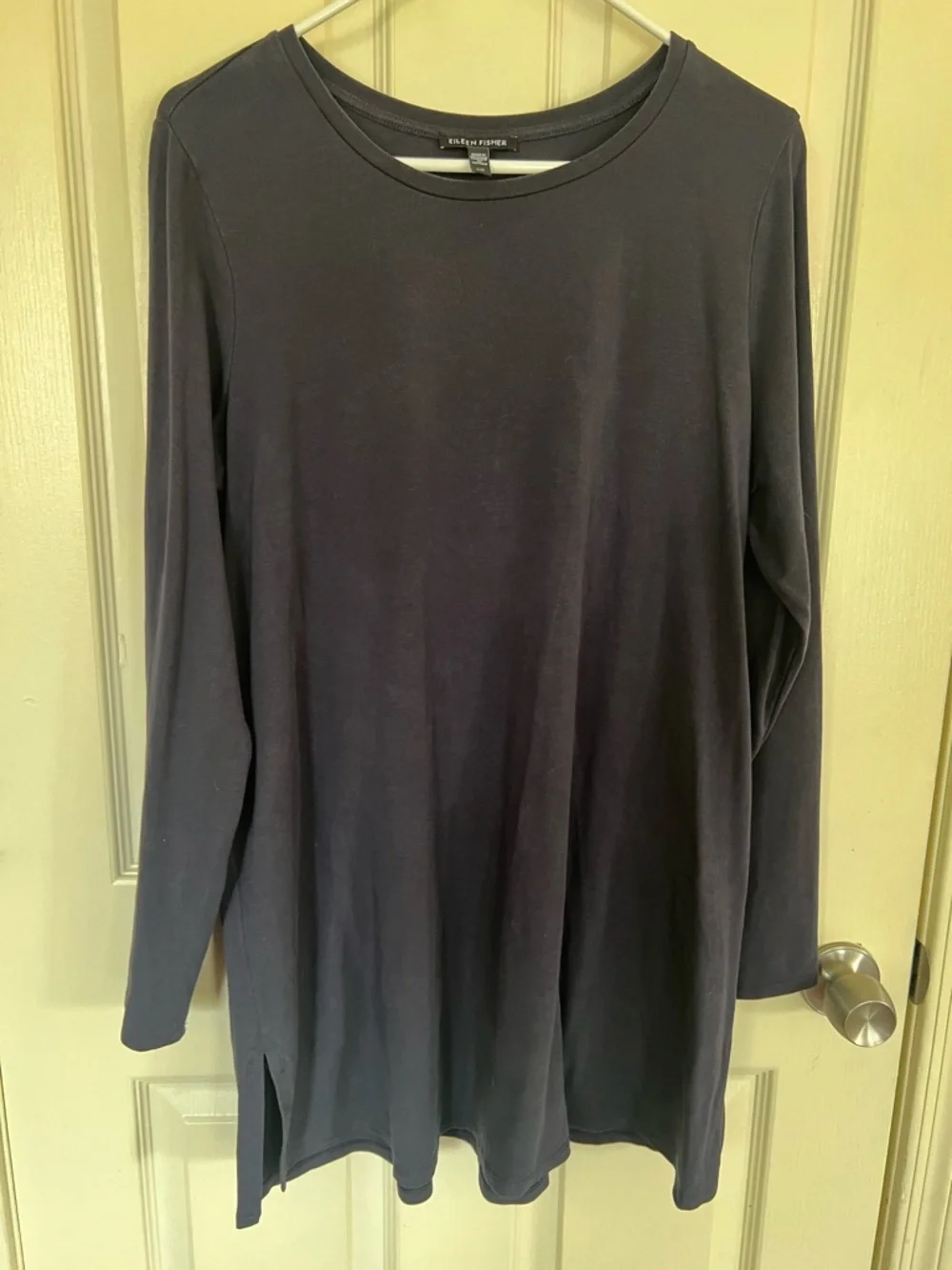 Eileen Fisher Dark Grey Tencel Tunic Top Large Long Sleeve Minimalist Side Slit